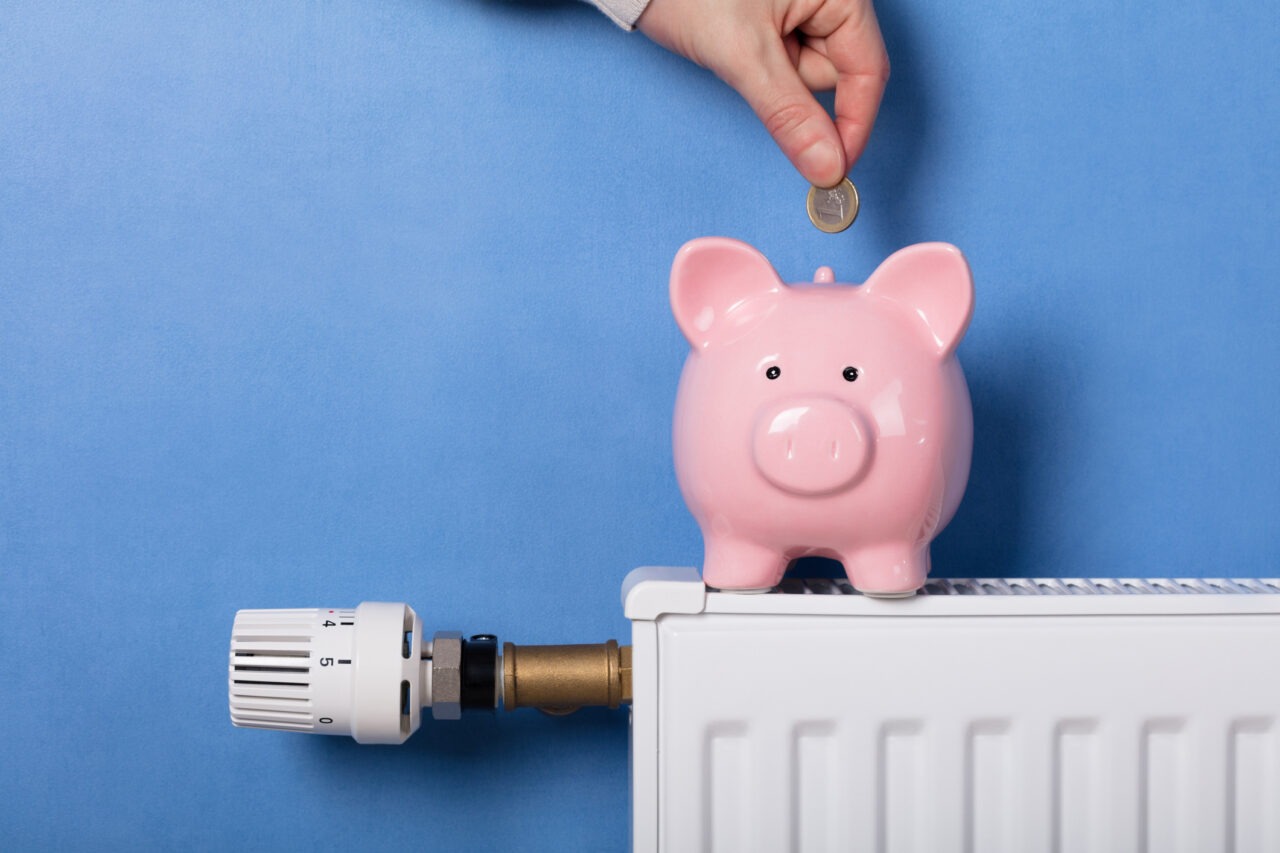 Eine Hand wirft Geldstück in ein Sparschwein auf einer Heizung. Biogas-Tarife sind meist teurer als normale Tarife. 